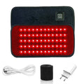 Red and infrared LED light therapy belt with black fabric, power button, USB cable, velcro strap, and wall adapter.
