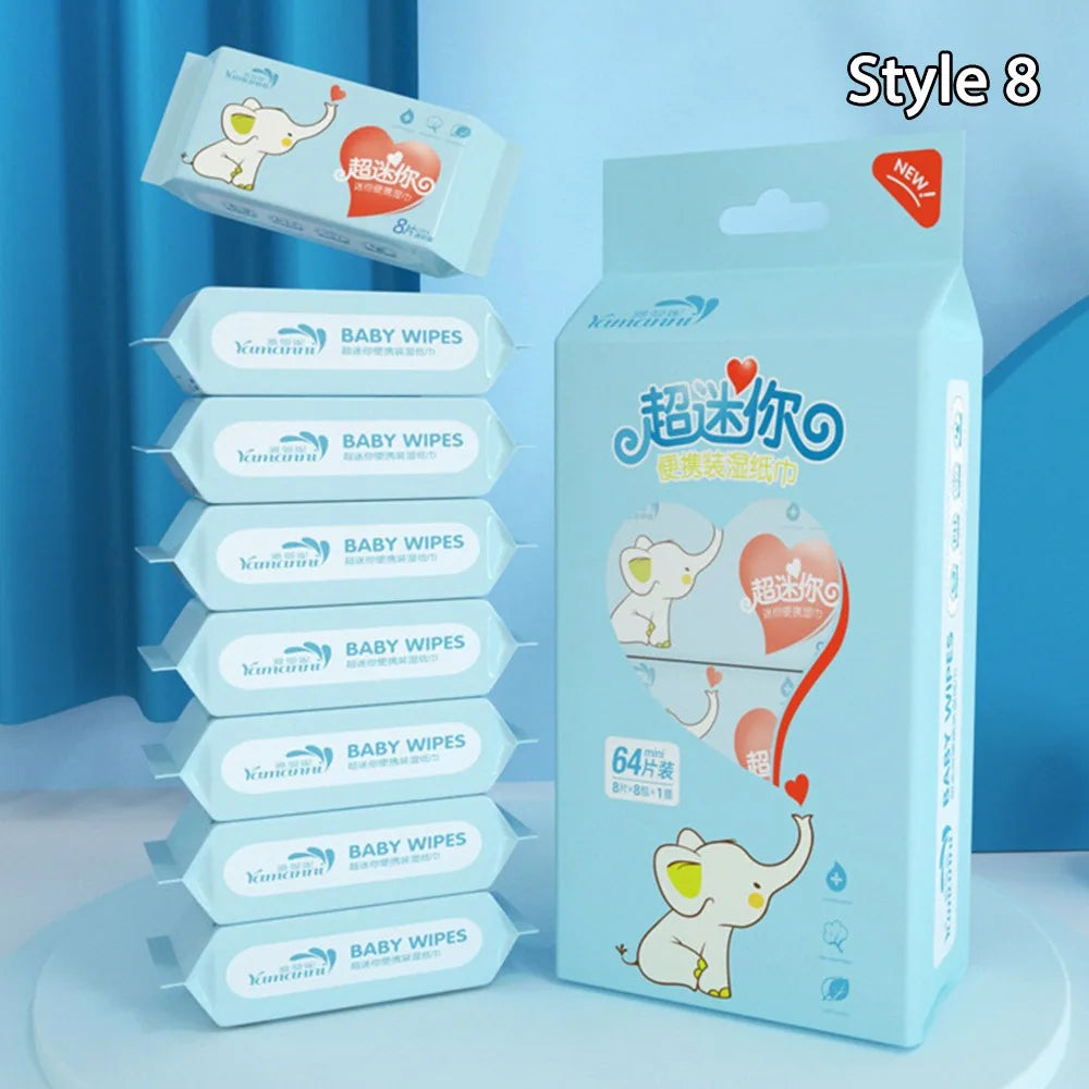 Yamanni baby wipes, 64-count pack (8 packs x 8), featuring blue elephant and heart design for gentle baby care.