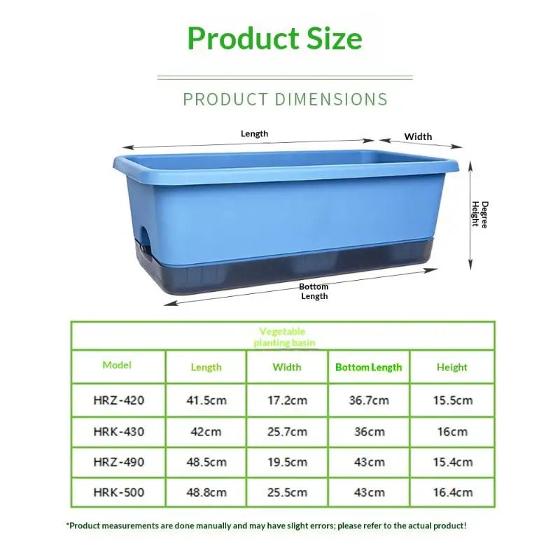 Blue rectangular self-watering planter box with built-in drainage tray, plastic design.