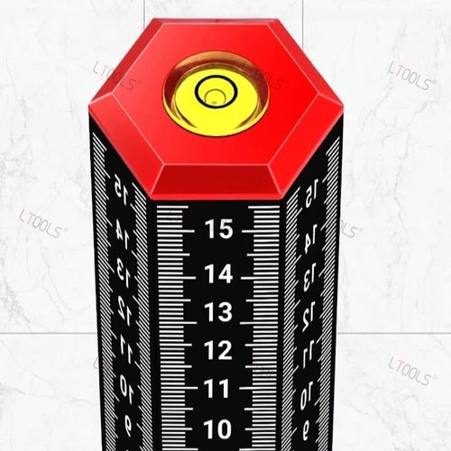 Red top hex cap vertical level ruler showing black measurement scales up to 15.