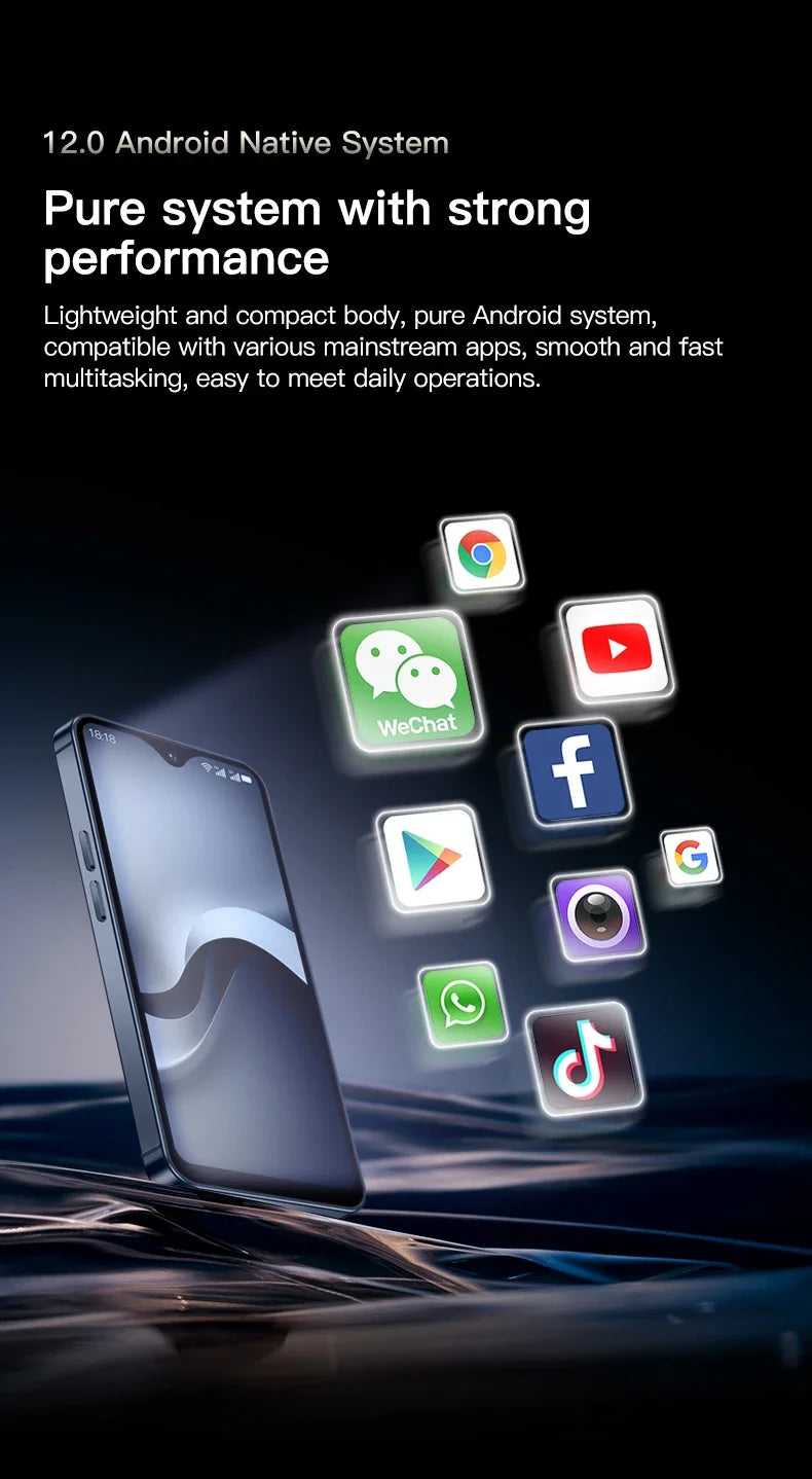SOYES F9 Max mini smartphone, blue, running Android 12 with app icons for multitasking. Compact 4G LTE mobile device.