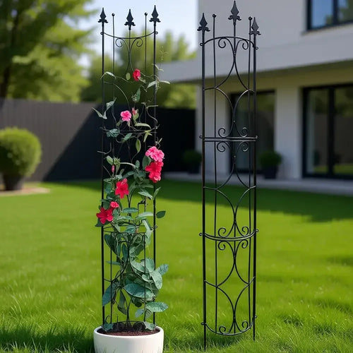Black metal tiered trellis plant stand holding a potted climbing plant with pink flowers