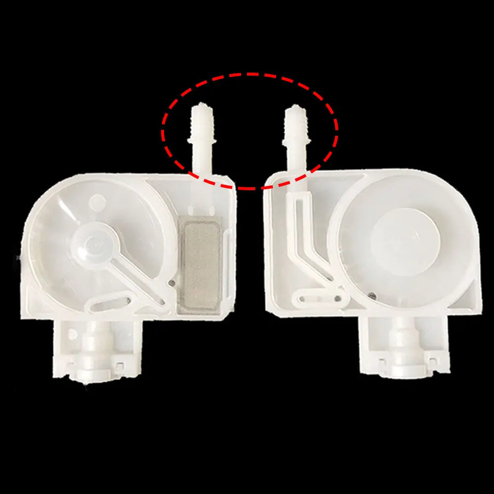 Two white Tidesmit plastic inkjet printer dampers with ribbed hose connectors isolated against a black background.