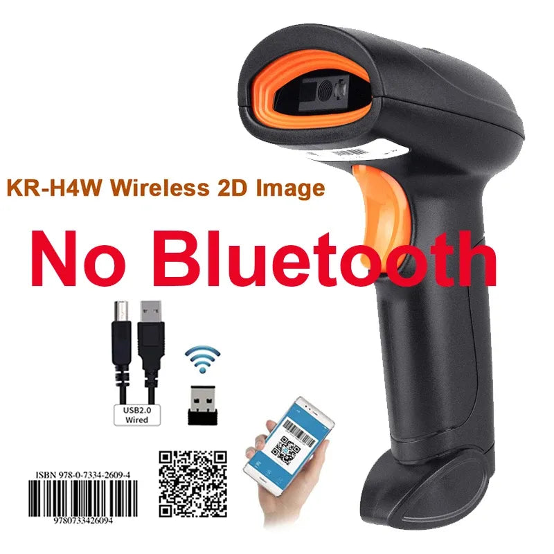 Wireless 2D handheld barcode scanner, black with orange ring and trigger grip