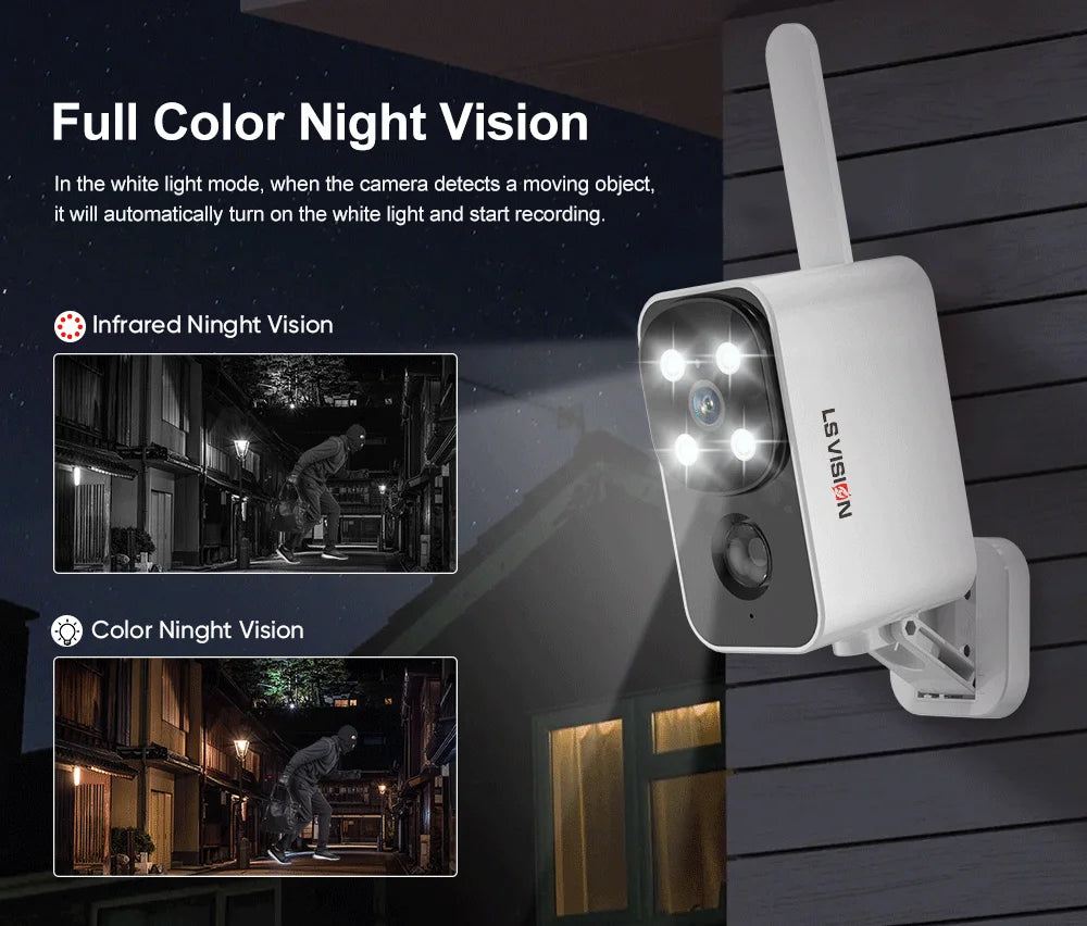 LS VISION Outdoor Solar Camera Wireless Cam WIFI/4G Ultra Standby Time PIR Motion Light Color Night Vision AI Detect Battery Cam