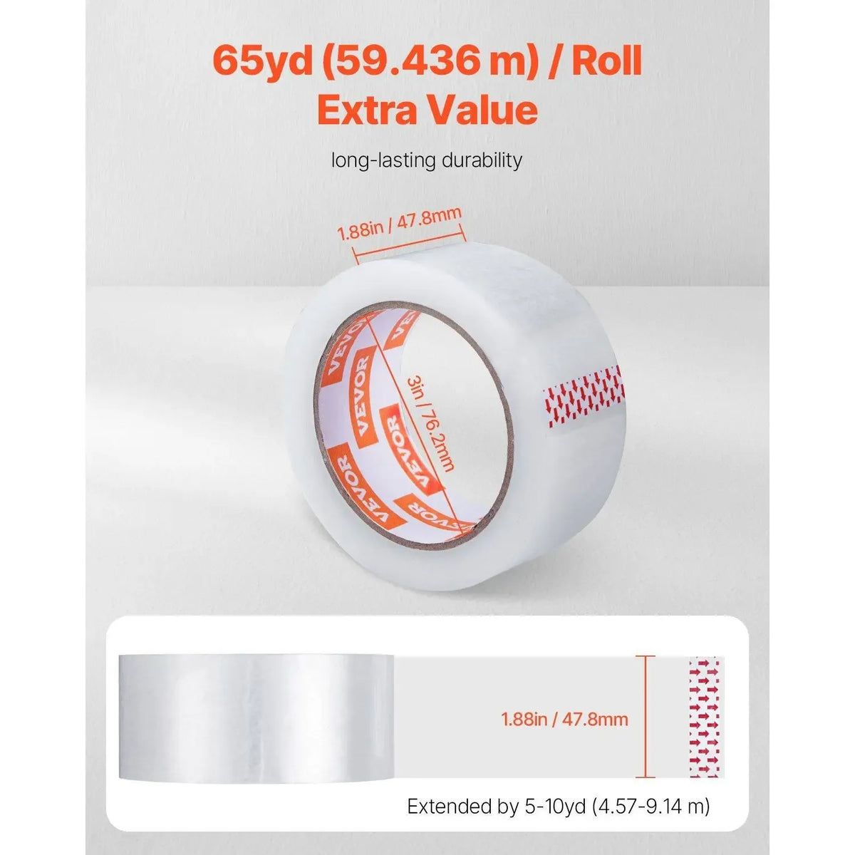 3-Inch Core Heavy Duty Clear Packing Tape 18 Rolls 1.88" X 65 Yards 2.7 Mil Thick No Dispensers Model D0100X3RT9P