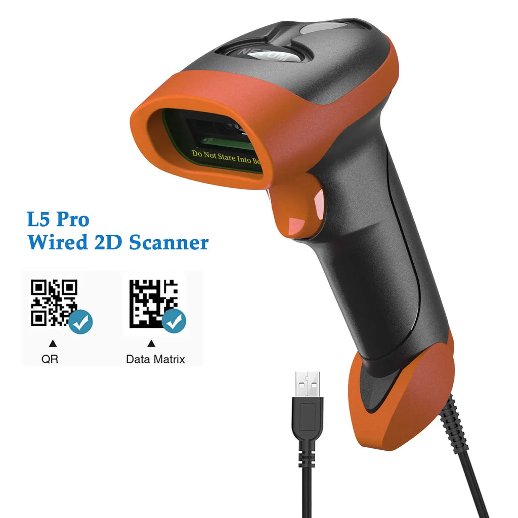 Orange and black wired 2D barcode scanner with QR and Data Matrix icons