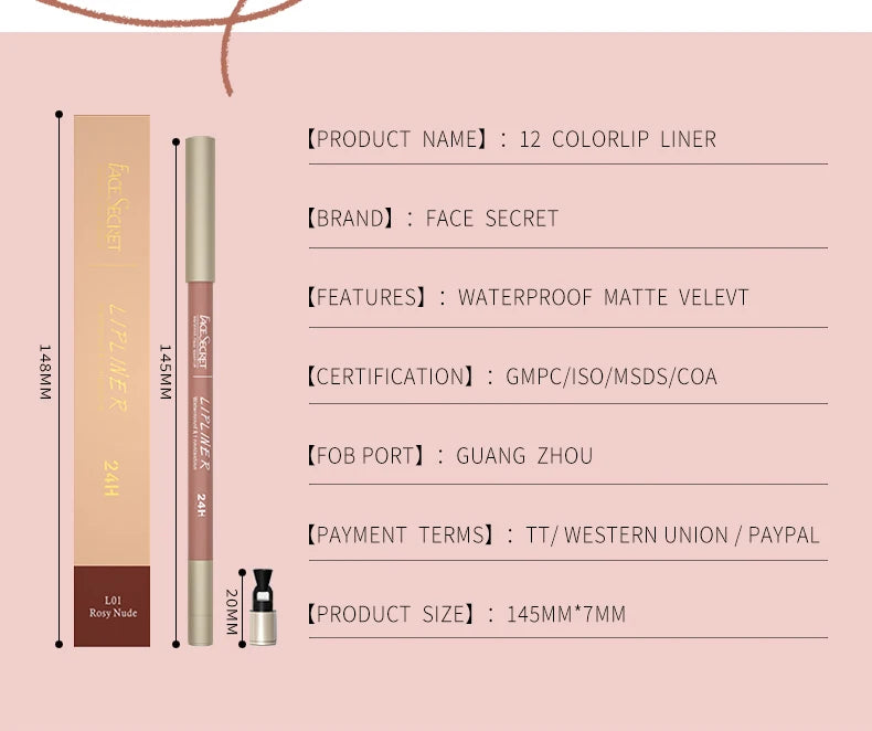 Face Secret 12-color waterproof velvet matte lip liner pencil in Rosy Nude with box packaging and product dimensions.