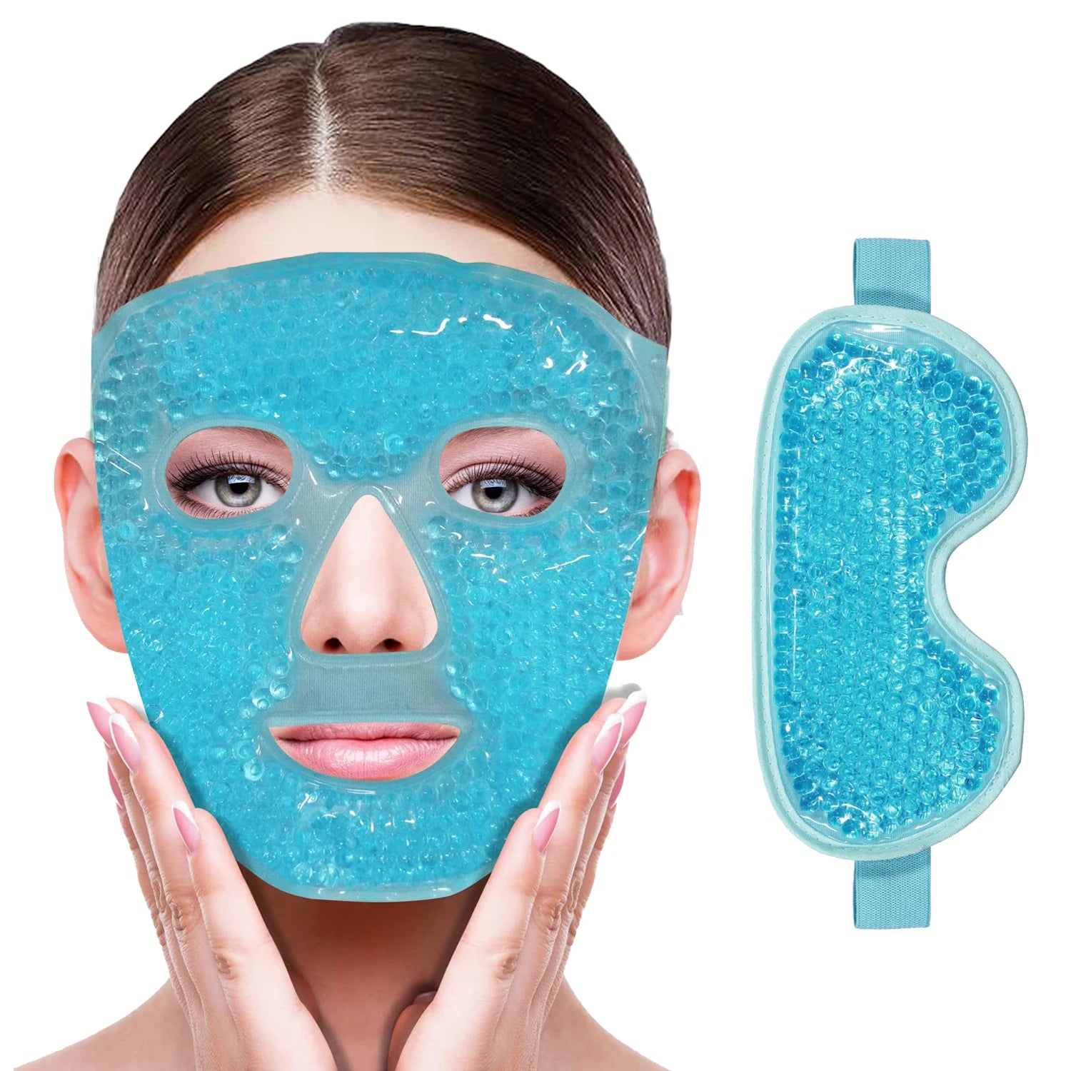 Blue gel bead cooling face mask and matching eye mask with elastic strap shown on a woman's face.