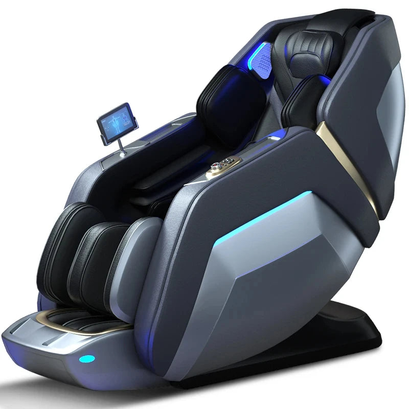 Modern, sleek black and grey massage chair with blue LED accents, an integrated screen, and contoured headrest.