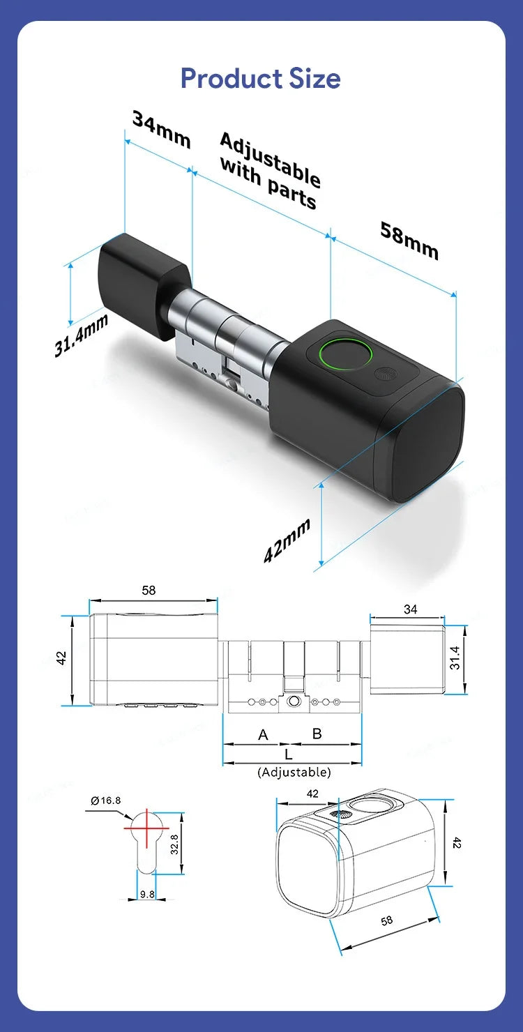 V1 Pro+ Version Adjustable TUYA APP Smart Life Fingerprint Password Digital RFID Card Cylinder Smart Door Lock for Home