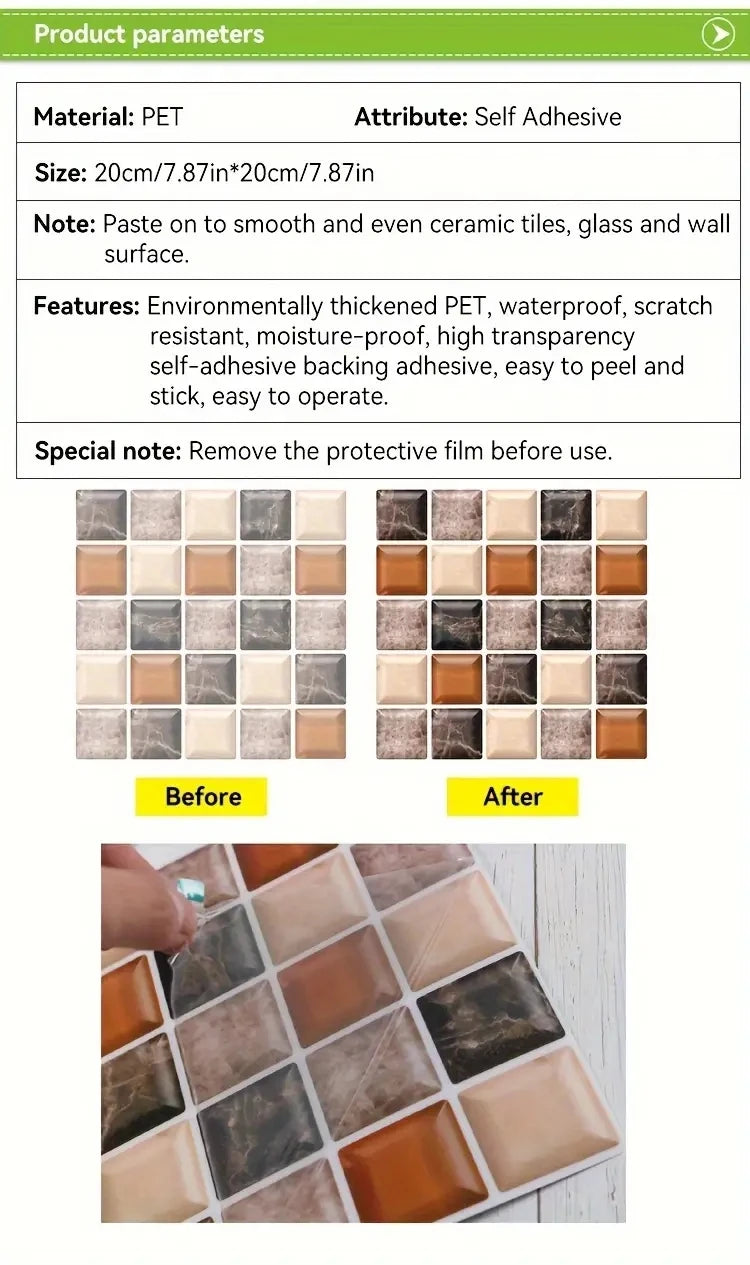 Self-Adhesive Marble Wall Tiles - Waterproof Stickers for Kitchen Backsplashes, Bathrooms, Living Rooms, Easy to Install and Rem