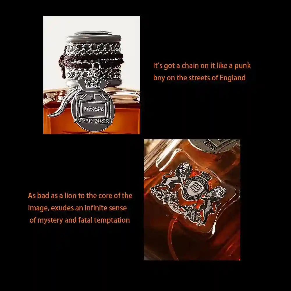 JEAN MISS 100ml Woody EDT for Men. Luxury bottle with metal chain and lion crest. Masculine designer fragrance cologne.