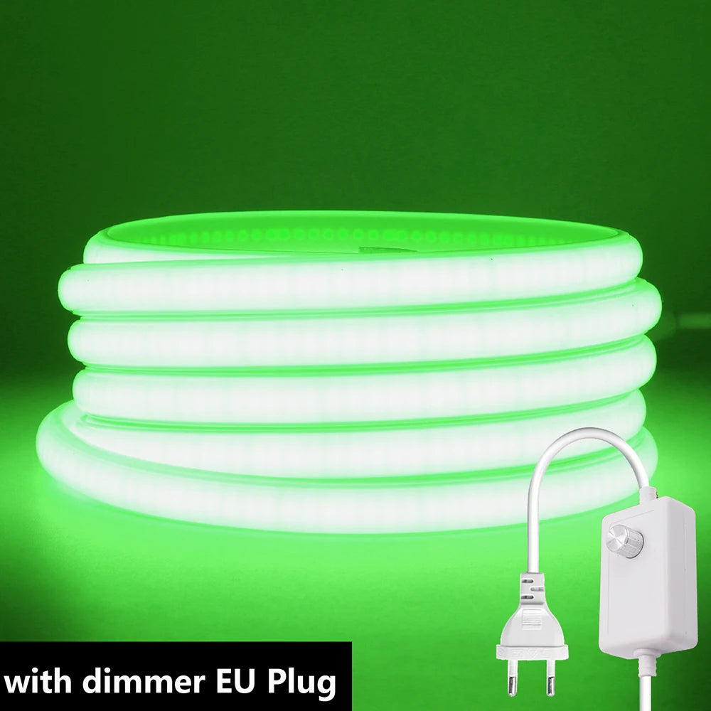 Dimmable LED neon strip with EU dimmer plug, green glowing flexible loops