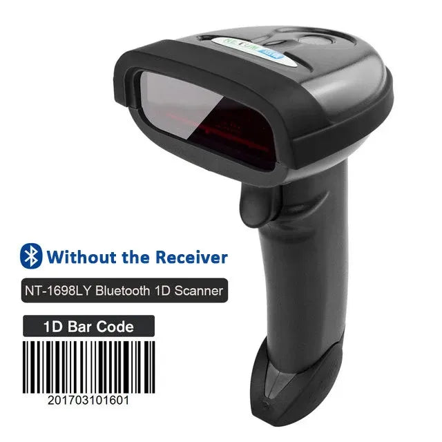 Black handheld 1D barcode scanner with wide scan window and USB cable