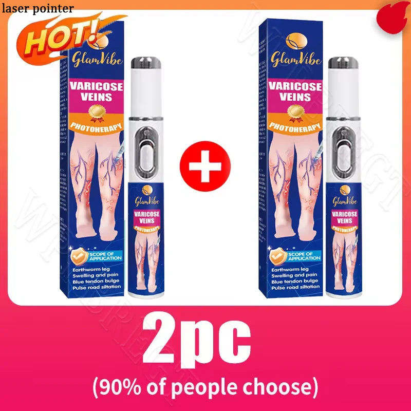 Two silver cylindrical varicose vein phototherapy pens with packaging boxes for treating leg veins and swelling.