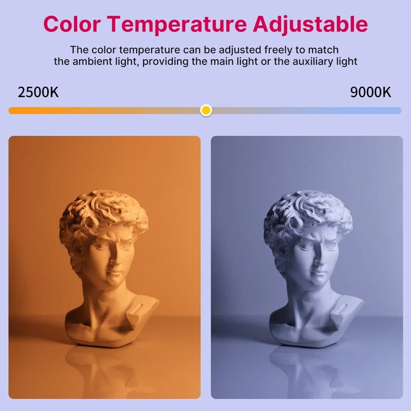 Adjustable LED light highlighting a sculpture, demonstrating color temperature range from warm 2500K to cool 9000K.