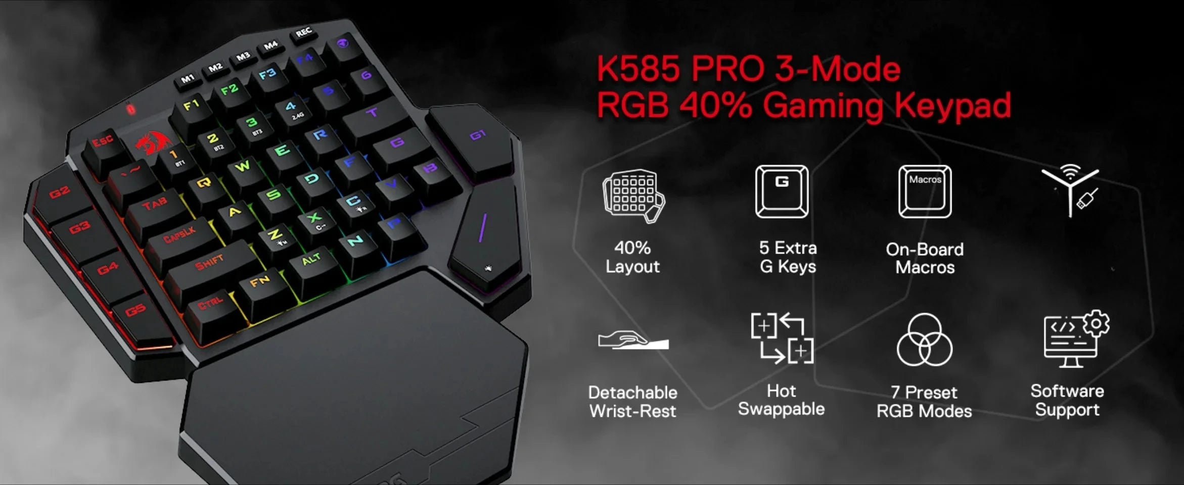 New Redragon K585 PRO Wireless One-Handed Mechanical Keyboard 42 Keys 2-Mode RGB 7 Onboard Macro Keys Detachable Wrist Support