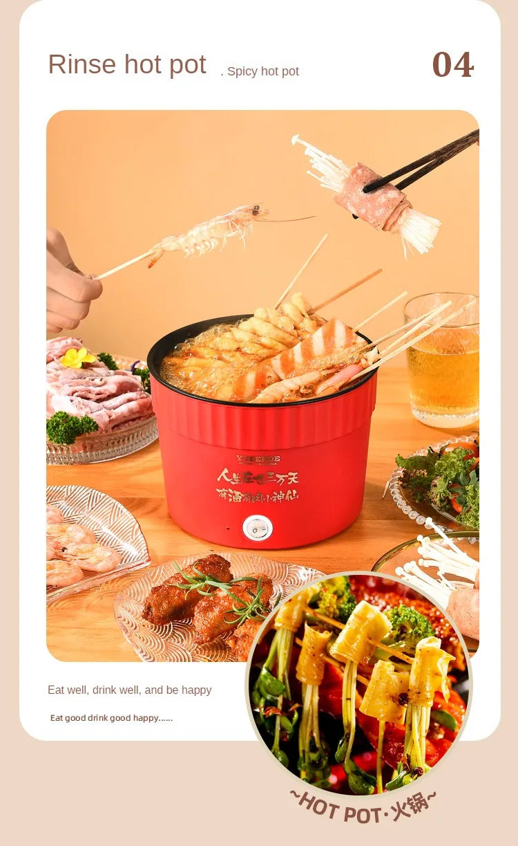 Red mini electric hot pot with skewered seafood and steaming soup