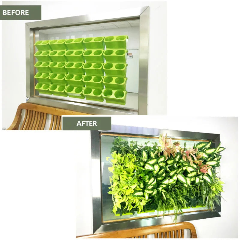 Wall-mounted vertical garden planter display with multiple light green modules