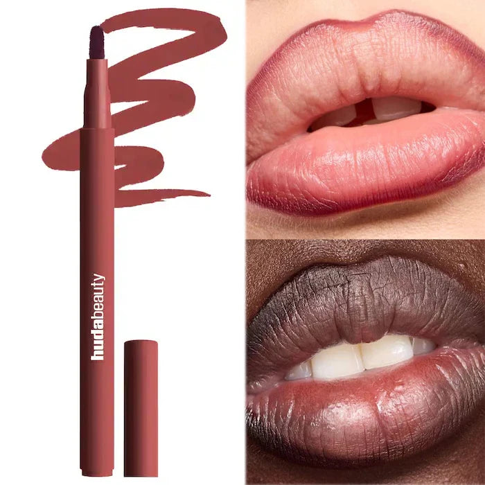 Huda Beauty hydrating lip and cheek tint stick in a natural berry shade with a creamy, long-lasting matte finish.