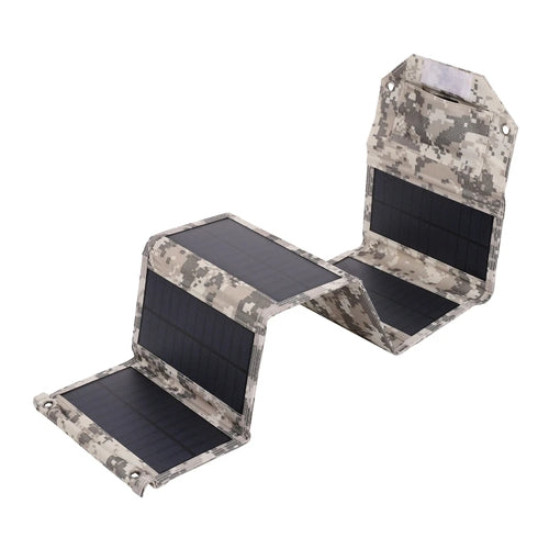 Foldable camouflage solar panel charger with multiple black solar cells and metal grommets for outdoor use.