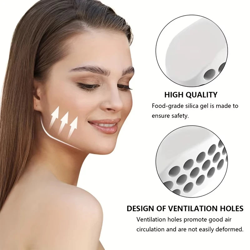Woman using a white silicone jawline training ball with ventilation holes to strengthen facial muscles.