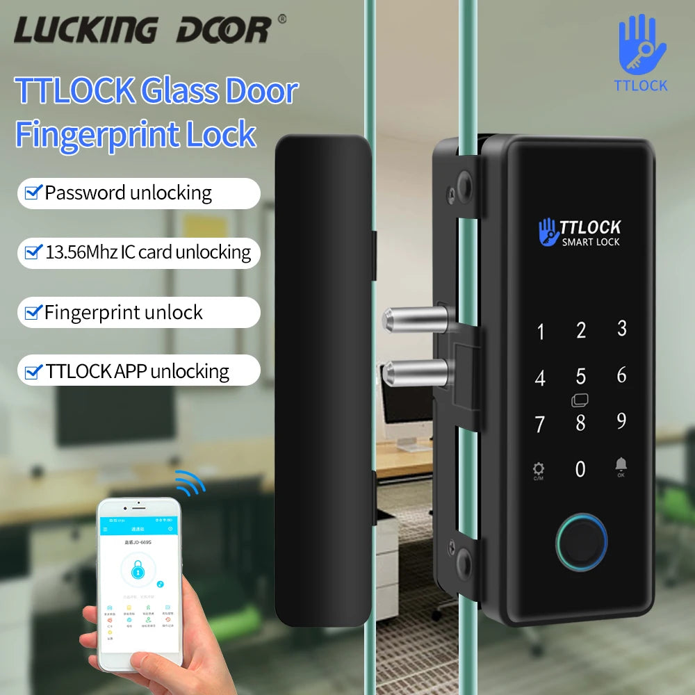 Bluetooth TTLOCK APP Unlock Control Smart Glass Door Lock Electronic Biometric Fingerprint Electric Lock Password 13.56Mhz RFID