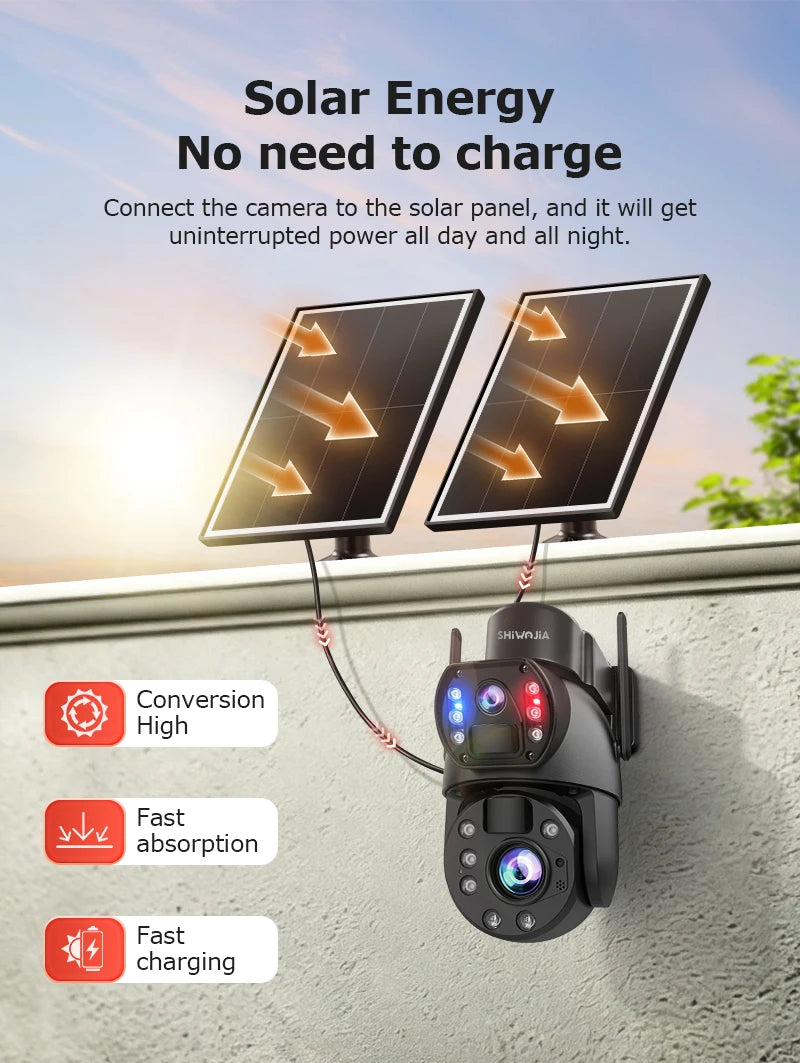 SHIWOJIA 4G Solar Security Camera Outdoor 60X Zoom Dual Screen 10MP WiFi PIR Detection AI Auto Tracking Camera UBOX