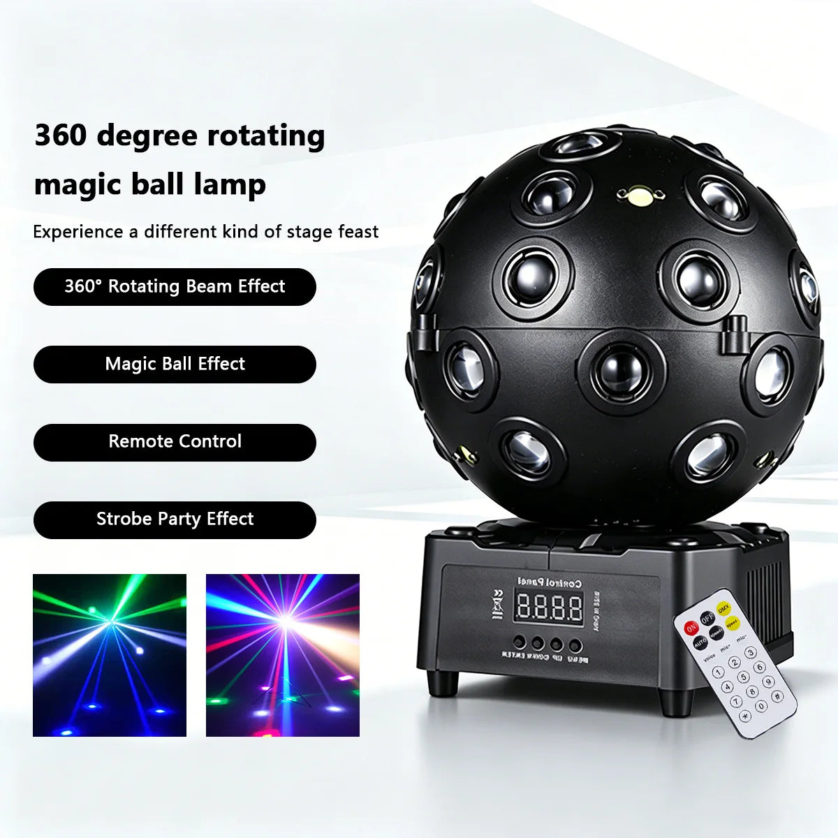 Black rotating LED magic ball stage light with remote control and front display