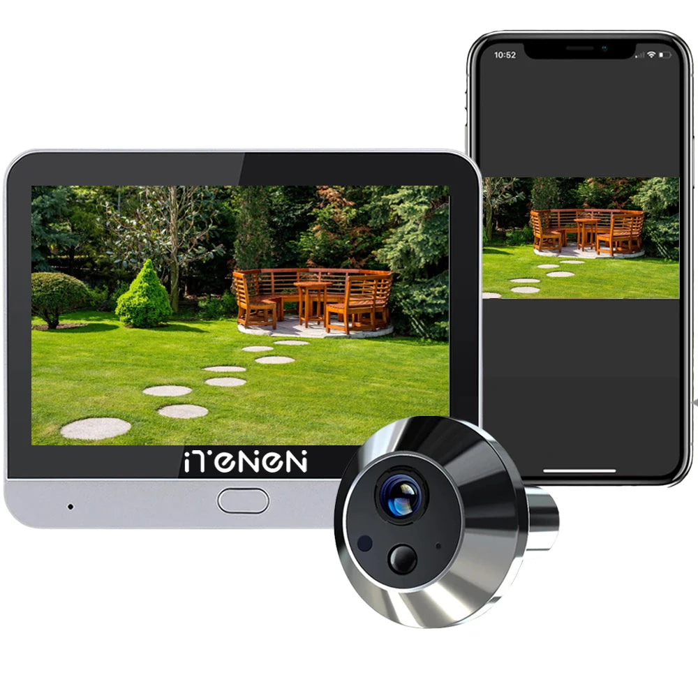 Wireless peephole door camera kit showing live view on indoor monitor and smartphone