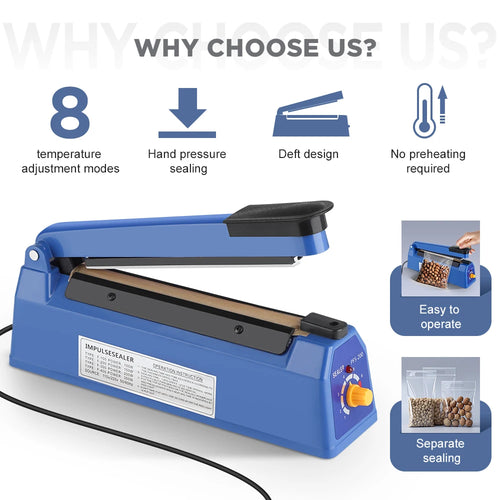 Blue heat sealing machine with black handle and control knob for hand-press sealing