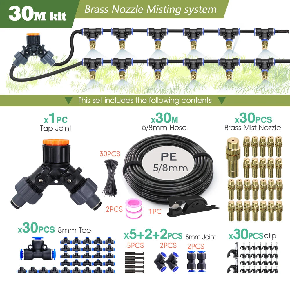 30-5M Outdoor Garden Adjustable Brass Nozzle Atomizer Kit 5/8mm Hose Nebulization Humidification Cool Watering System Lawn Spray