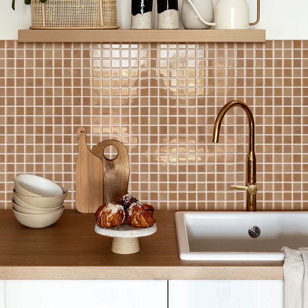 10pcs Peel & Stick 3D Wall Tile Sticker Kitchen Bathroom Square Wallpaper Mosaic Wall Panel Sticker for Quick Home Renovation
