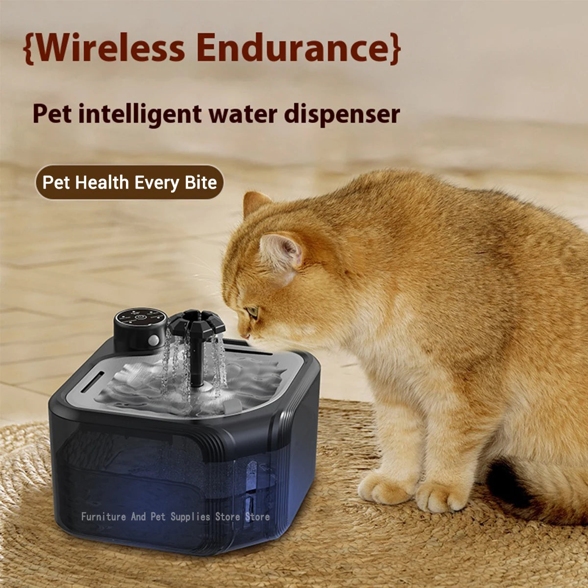 Cat drinking from a black 2800ml wireless smart cat water fountain with infrared sensor for healthy pet hydration.