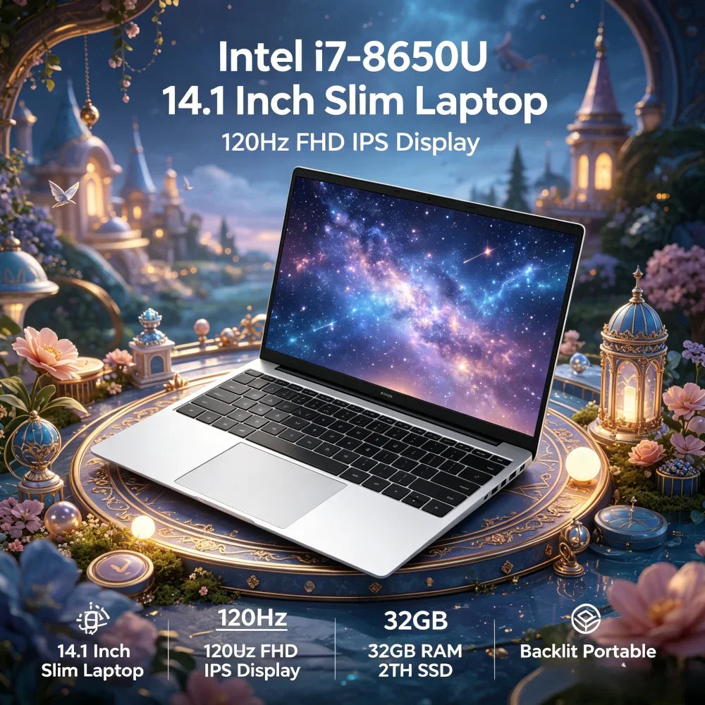 Intel I7-8650U 14.1 Inch Slim Laptop 120Hz FHD IPS Display 32GB RAM 2TB SSD Backlit Portable Notebook