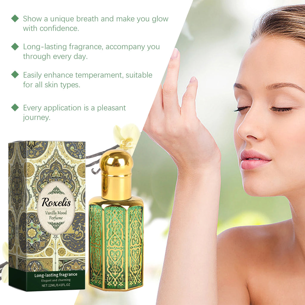 Roxelis Vanilla Perfume for Women: Long-lasting elegant Arabian scent in a decorative green hexagonal glass bottle.
