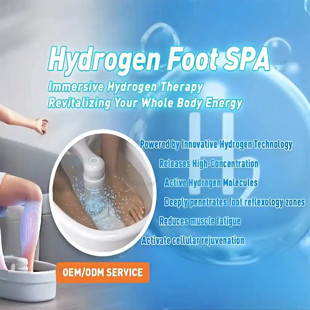 Hydrogen therapy foot spa massager with ionic detox basin and bubble array for relaxing vibration foot bath care.