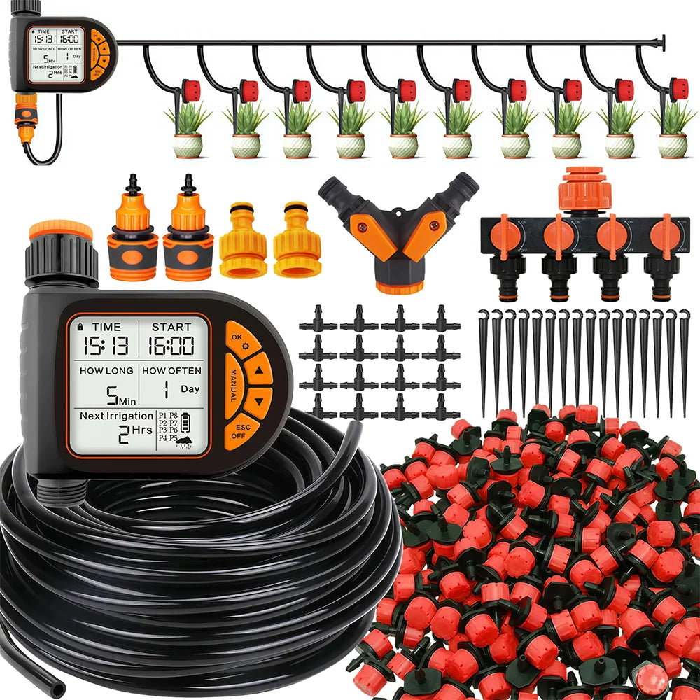 20M Smart Garden Timer Irrigation Set  LCD Automatic Watering Controller Set With Rain Sensor for Farms IPX5 Waterproof
