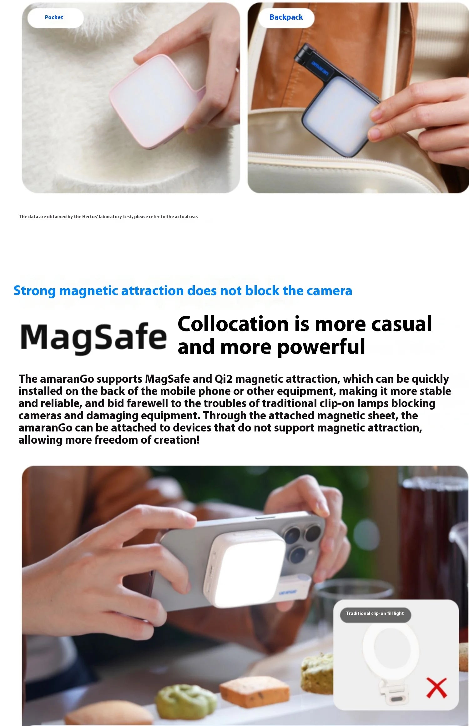 Small square magnetic LED light for smartphones, shown in white and black, being held and attached to a phone.