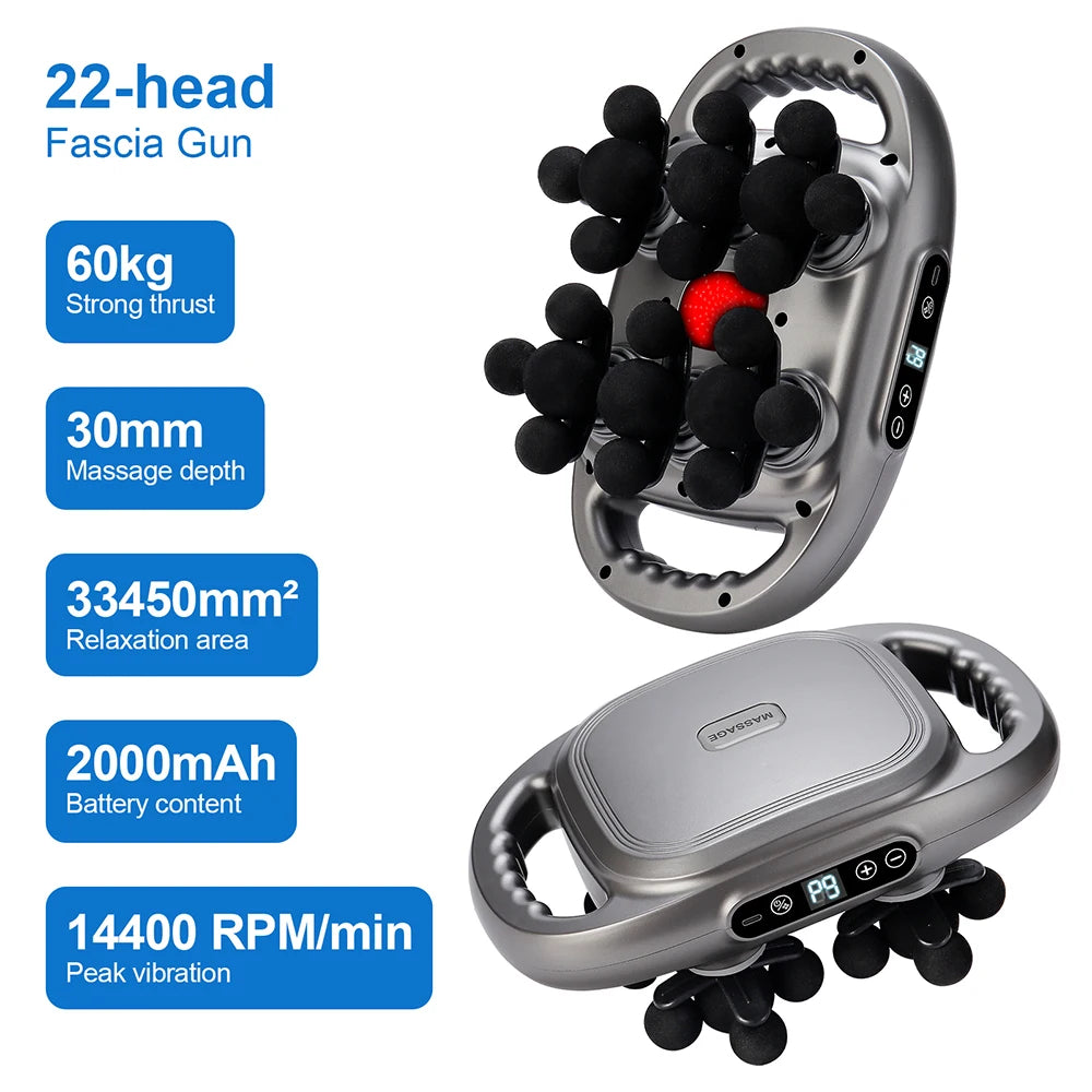 Gray 22-head handheld fascia massage gun with multiple black rubber massage nodes for deep tissue muscle recovery.