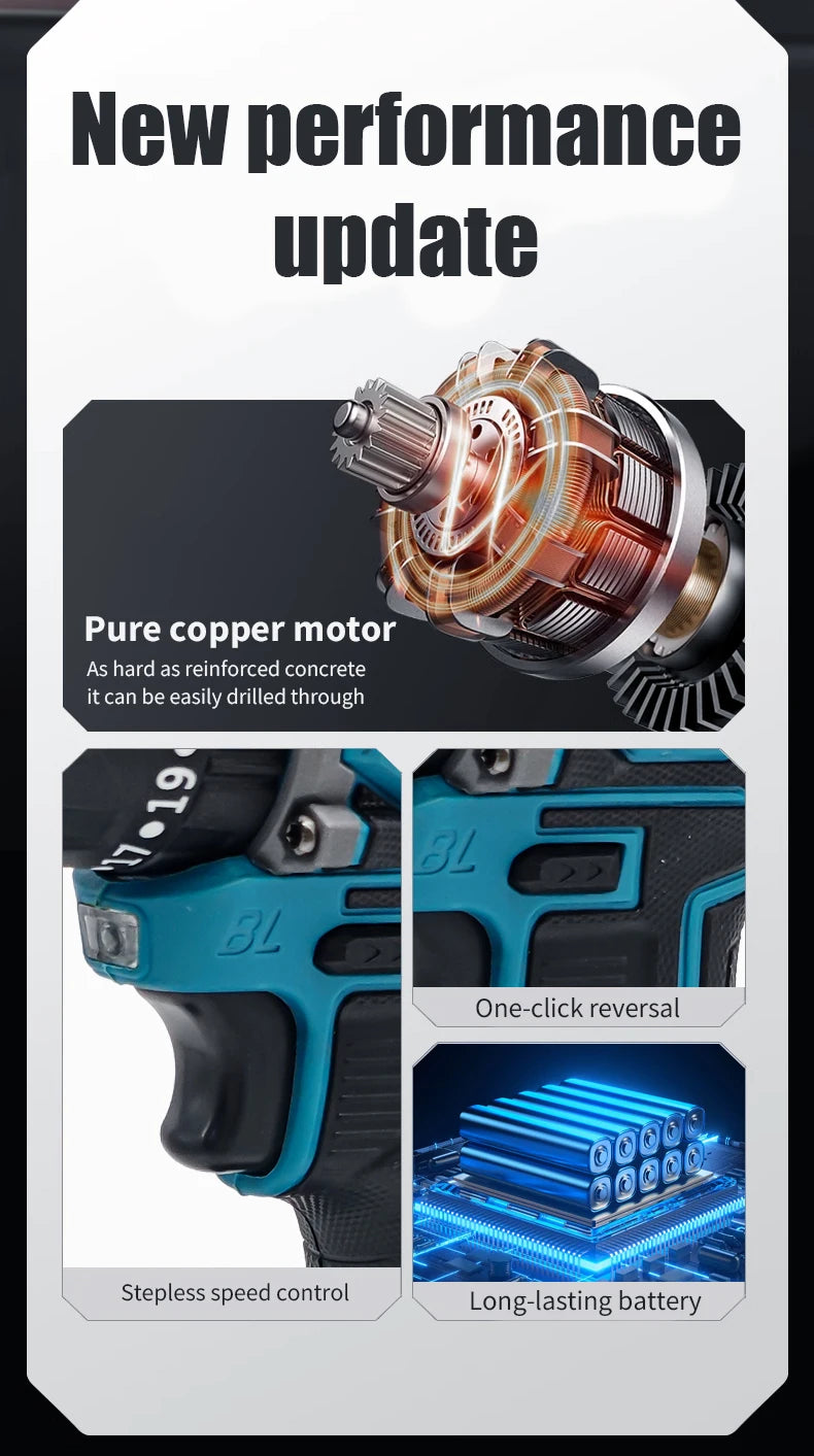 Mamidw Brushless Lithium Electric Drill 1850RPM High Speed Cordless Power Drill for Metal Wood Drilling Furniture Screw Fastening, For Makita 18V Battery PIN