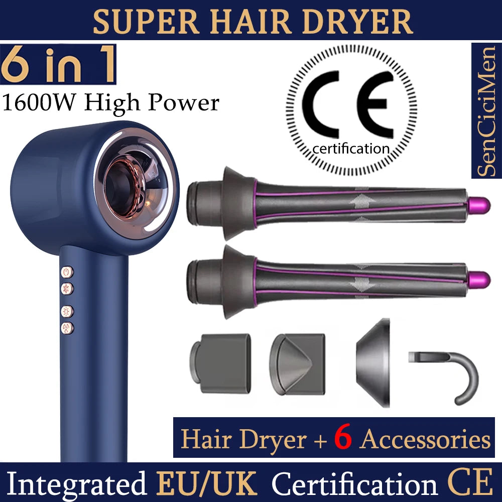Blue 1600W leafless hair dryer set with 6 styling attachments and negative ion technology for professional care.