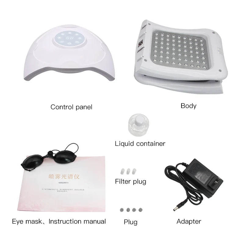 8-color LED light therapy machine set with control panel, body, liquid container, eye mask, and power adapter.