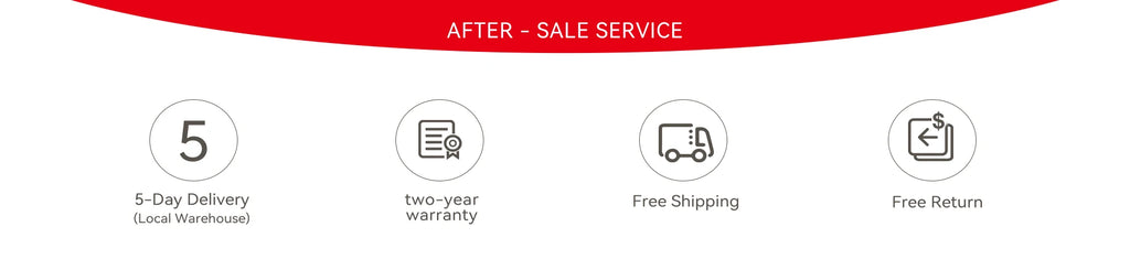 After-sale service banner featuring 5-day delivery, two-year warranty, free shipping, and free returns icons.