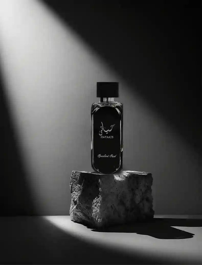 Hayaati Opulent Oud men’s perfume: Arabic woody cologne in a sleek black bottle, long-lasting Middle Eastern scent.
