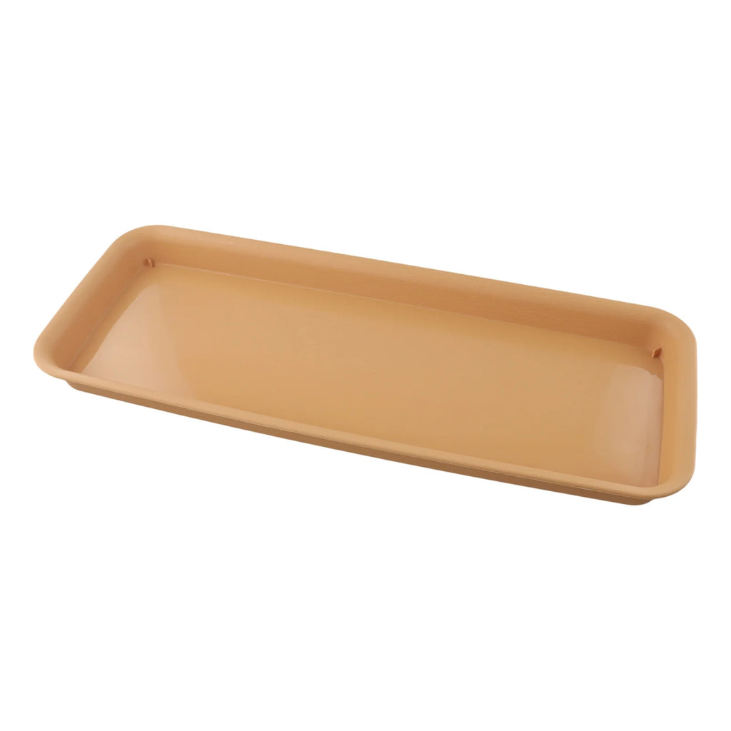 Rectangular plastic plant tray, brown, shallow rectangular base, angled