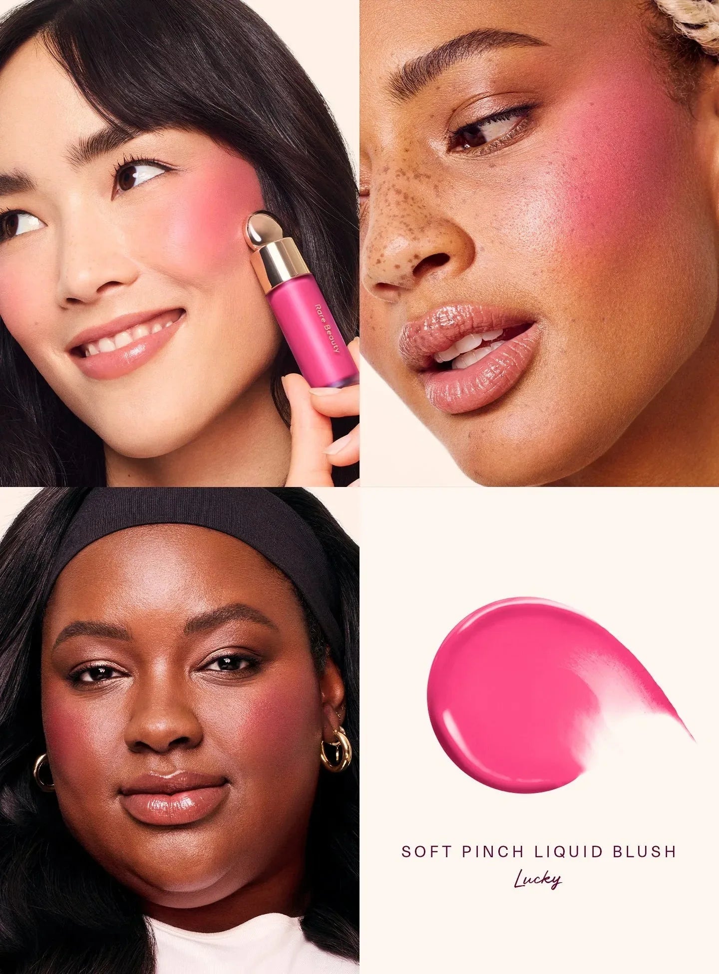 Rare Beauty Soft Pinch Liquid Blush in Lucky: A vibrant, creamy pink pigment shown blended on diverse skin tones.