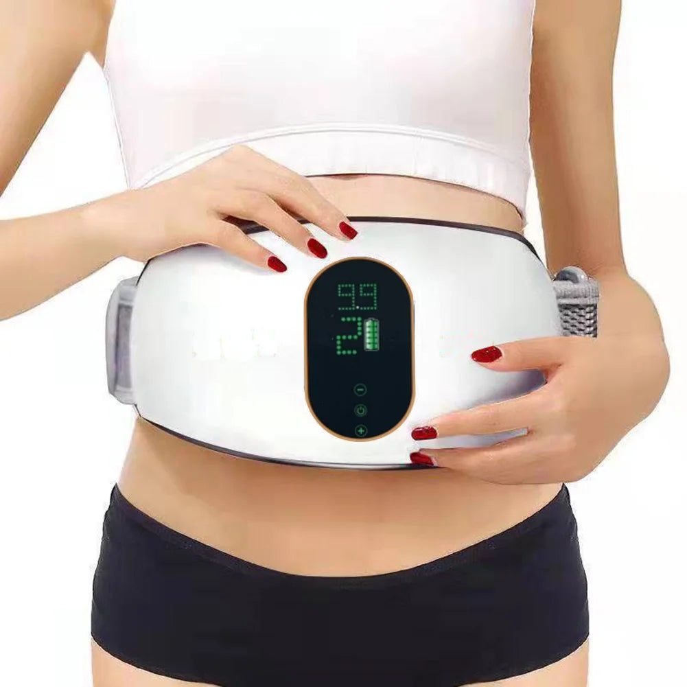 White cordless electric body massager belt with a digital display screen worn around a person's waist.
