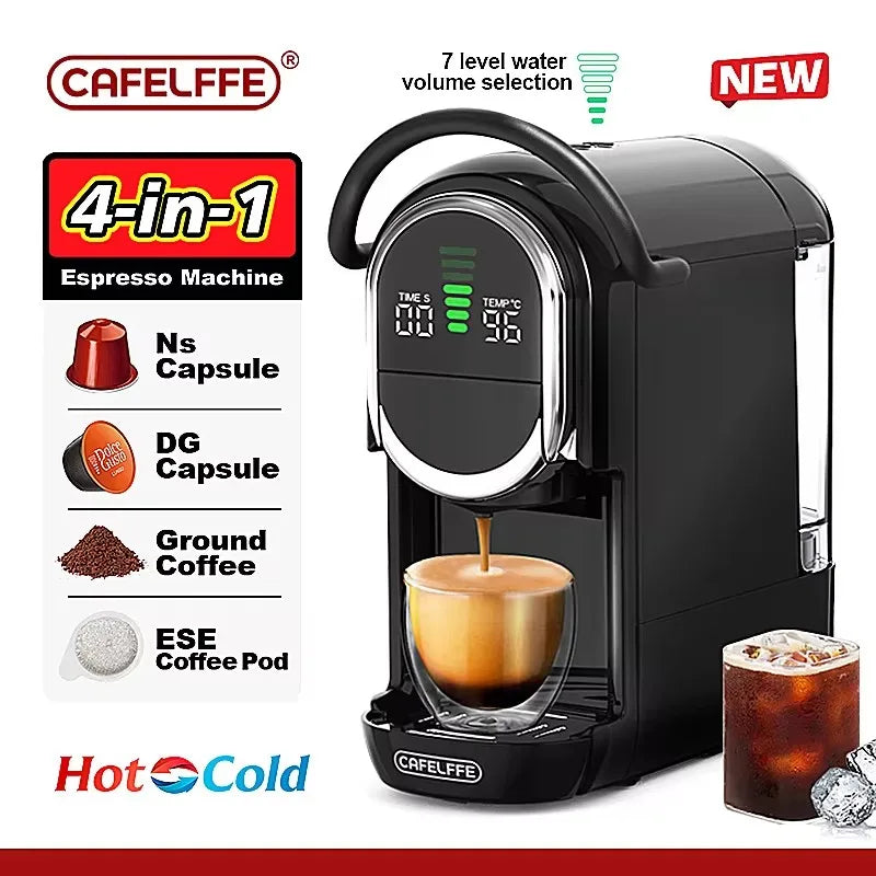 CAFELFFE 4-in-1 black espresso machine with digital display, 7 water levels, for capsules, pods, and ground coffee.